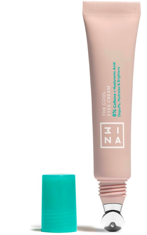Eine Tube Augencreme mit Kappe, beschriftet 'Mina' und 'Hyaluronic & Vitamin C'.