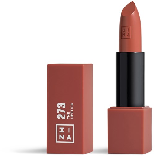 A nude lipstick with a brownish color, in a square black and pink case.