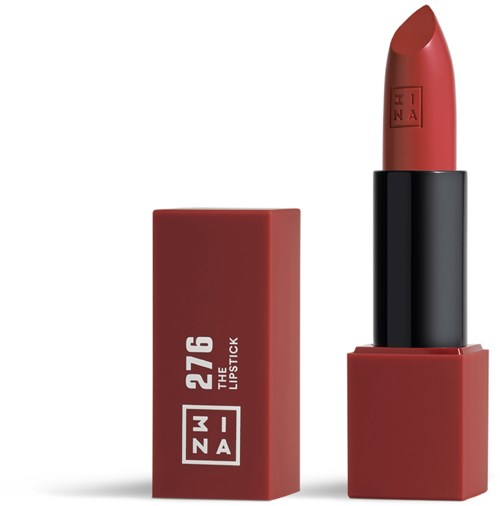 A lipstick with a red body and black base, standing next to its matching red box, labeled "276 THE DIPSTICK".