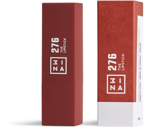 Red lipstick tube with white text and logo, tall box with matching design, both placed on a light gray background.