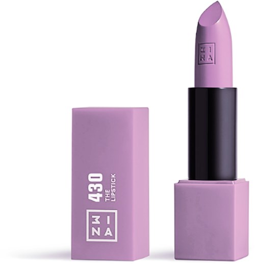 A lavender lipstick with a black band, and matching box labeled "430 THE LIPSTICK" and "ZNA".