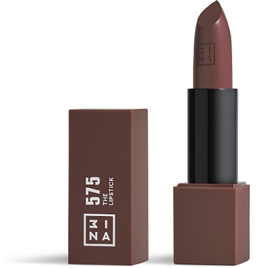 Lipstick in a matte brown shade with a square black tube and brown box, labeled '57.5' and 'LIPSTICK'.