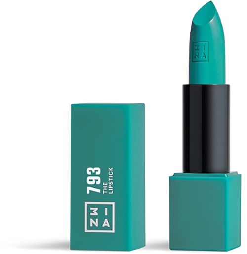 A bright blue lipstick in a black case with a matching blue cap. The box has white text: 793 THE LIPSTICK.