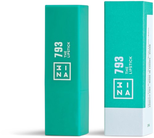 A lipstick product with bright turquoise packaging and white text, including a box and a smaller tube.