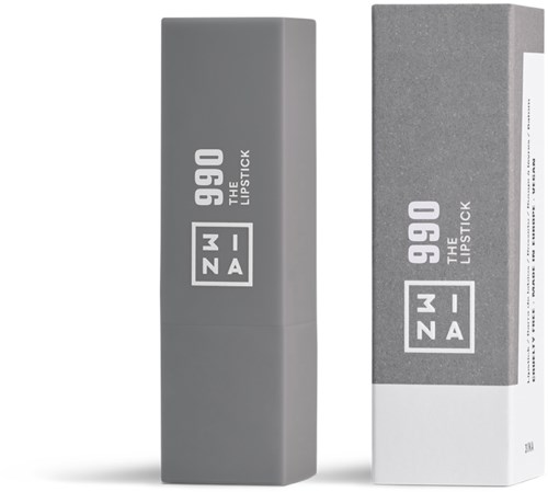 A gray box and a box with the same logo, both for a lipstick product. The logo has text and a square design.