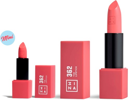 Fire læbestifter i forskellige størrelser og nuancer, med sorte baser og pink emballage, arrangeret i række.