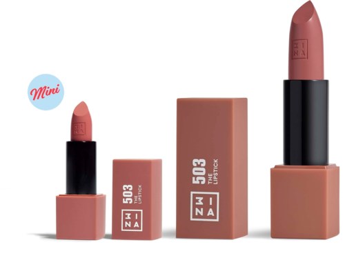 Lipstick in a black case with pink exterior, smaller case for travel, larger box, all labeled 503 and JUNA.