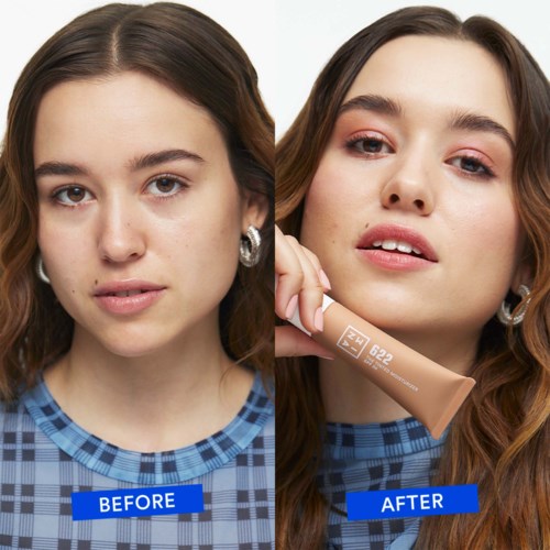 Före och efter makeup, visar klarare hud och förbättrade drag på andra sidan.