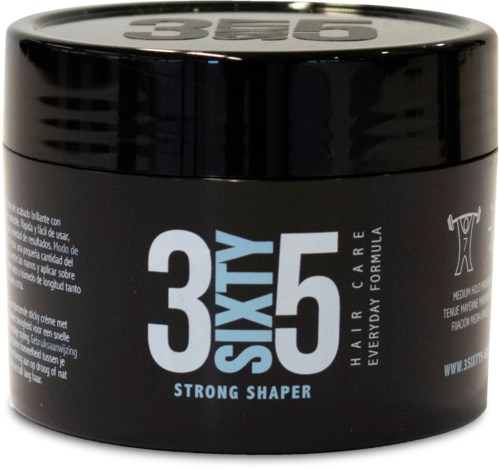 Ett svart lock med vita och blå text, märkt "3 SIXTY 5" och beskrivet som en stark formningsprodukt för hårvård.