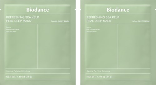 Kaksi kasvomaskapakkausta nimeltä Biodance, vihreä pakkaus ja tuotetiedot.