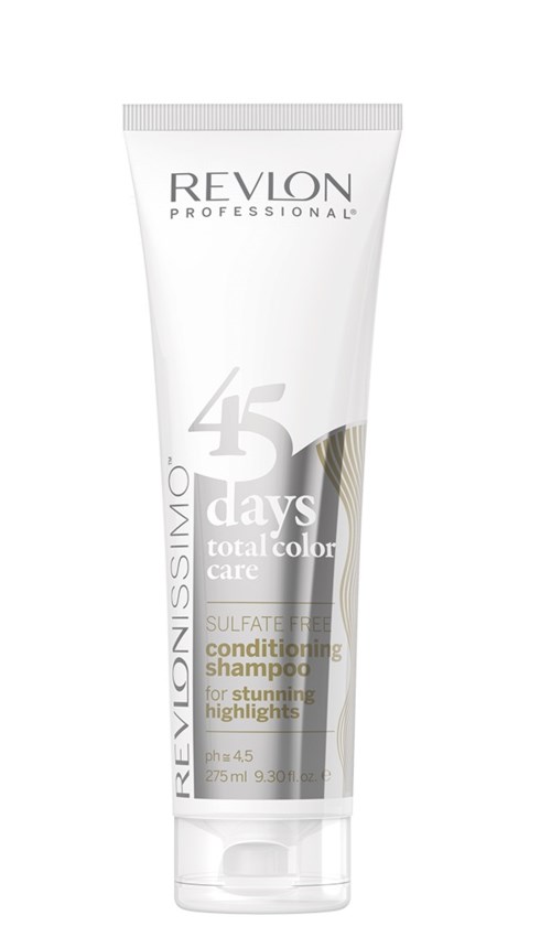 En vit tub med Revlon-schampo för färgvård, med guld- och silverdetaljer, märkt för 45 dagars användning.