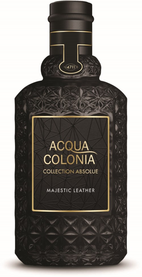 Czarna butelka z teksturowanym wzorem gwiazdy, złotymi akcentami i etykietą z napisem Acqua Colonia Collection Absolute Majestic Leather.
