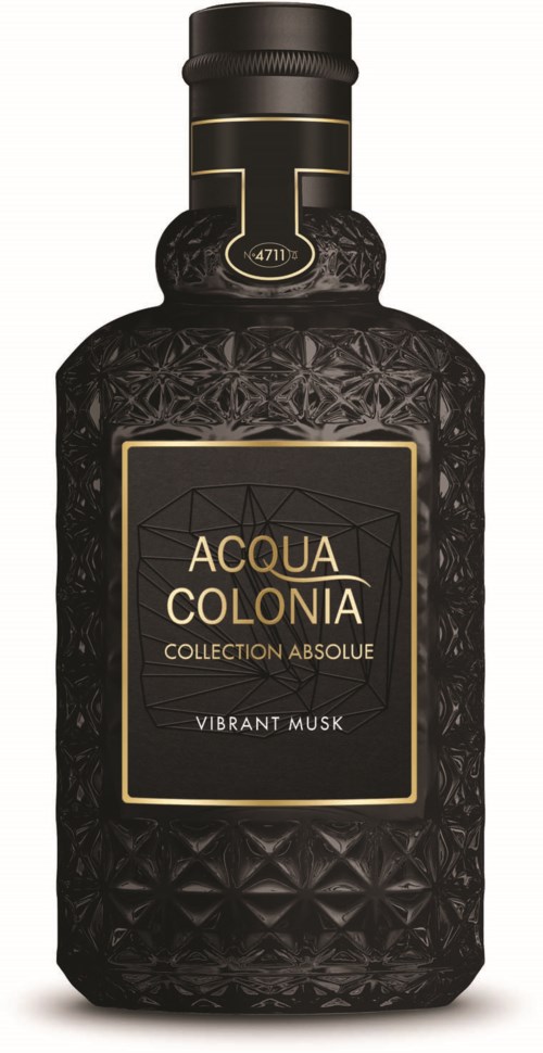 Czarna butelka z złotymi detalami, oznaczona 'Acqua Colonia Vibration Musk'. Dekoracyjny wzór na butelce.
