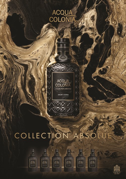 A luxury perfume bottle with a marble-like background and smaller bottles at the bottom, labeled 'Collection Absolue'.