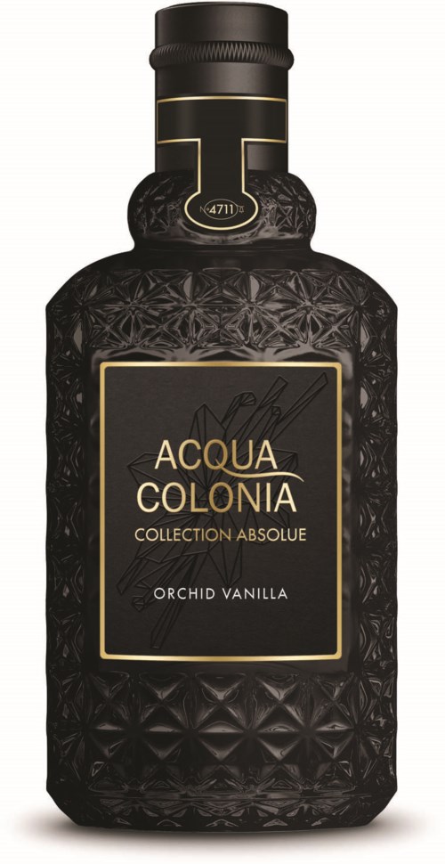 Czarna butelka o teksturowanej powierzchni z złotymi ozdobami, oznaczona 'Acqua Colonia Orchid Vanilla', collection absolute.