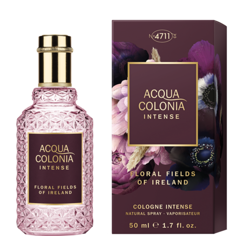En blommig parfyllåda och flaska i lila med guldaccenter och texten 'Acqua Colonia Intense.'