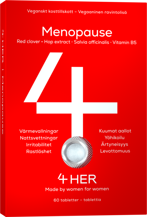 Red package features a large white number 4 with a silver coating, showing menopause health benefits for women.