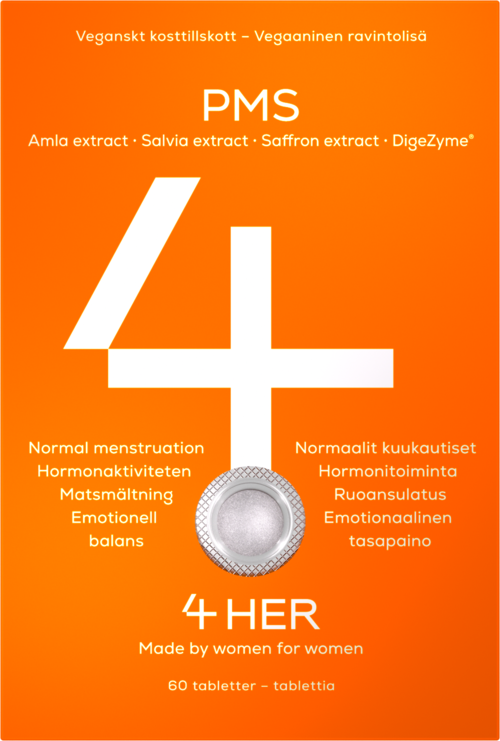Logotyp med orange bakgrund, vit text och en silvercirkel i mitten. Nämner PMS, 4 HER och hälsovinster.