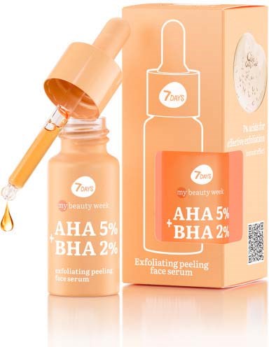 A facial serum bottle and box, labeled with AHA 5% and BHA 2%, with a dropper attached.