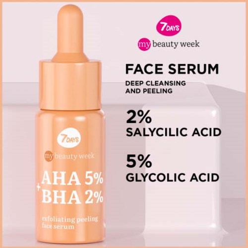 A peach-colored bottle of face serum with a pump, labeled with ingredients and benefits for deep cleansing and peeling.