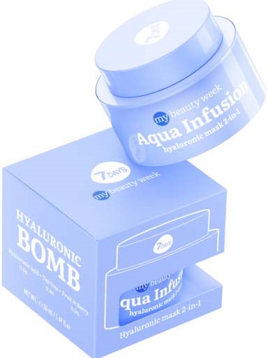 Blauer Behälter mit 'Aqua Infusion' gekennzeichnet und eine Box 'Hyaluronic Bomb' für Hautpflegeprodukte.