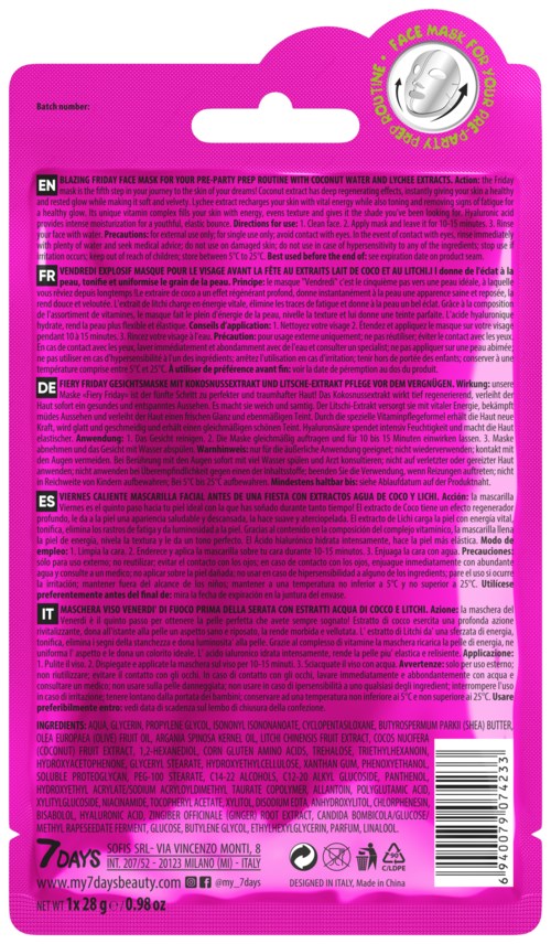 Rosa emballasje med logo og detaljert sikkerhets- og bruksinformasjon på flere språk. Inneholder en maske og utløpsdato.