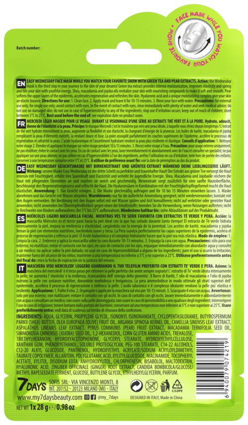 Dette er en grønn pakke med ansiktsmaske med instrukser og ingredienser overalt, pluss en liten illustrasjon øverst.