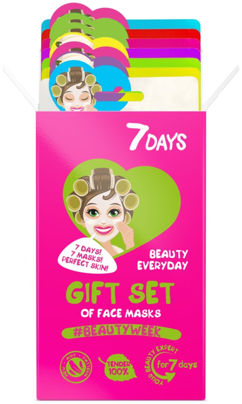 Colorful box with illustrations of face masks and a girl with rollers in her hair. Text says '7 Days' and 'Gift Set'.