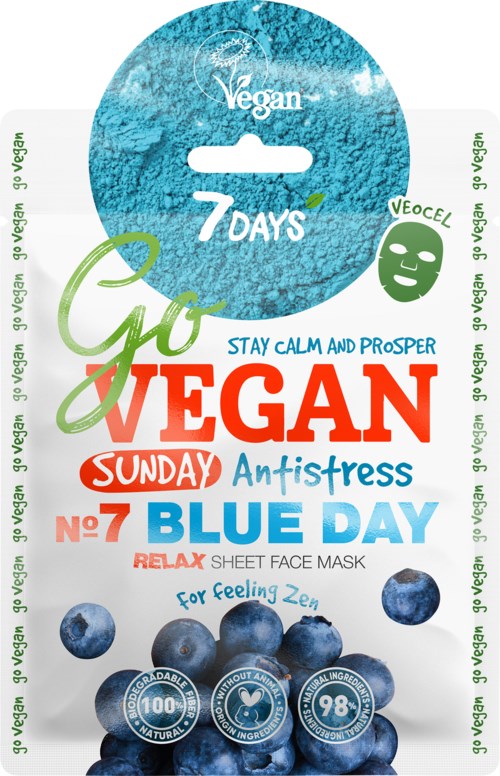 Blueberry themed face mask package promoting relaxation and stress relief, with vegan, natural, and skin benefits highlighted.