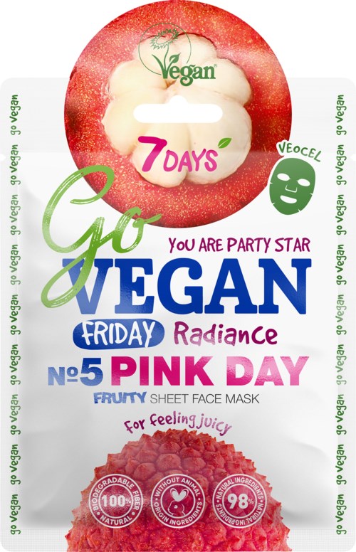 En rosa ansiktsmaske kalt 'Pink Day' for saftig følelse, med fruktbilder og livlige farger. Passer for veganere.