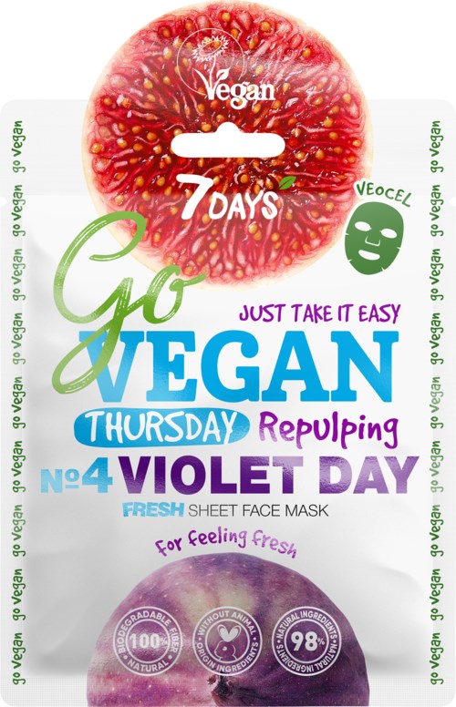 En fargerik pakke med en fiolett ansiktspakke, tekst om vegansk og forfriskende følelse, med frukt og et grønt smilende ansikt.