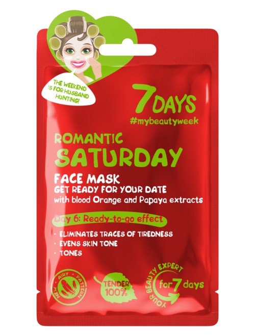 En rød pakke med ansiktsmaske, en tegneserie kvinne, grønn og hvit tekst om en lørdagsmaske for romantisk date.