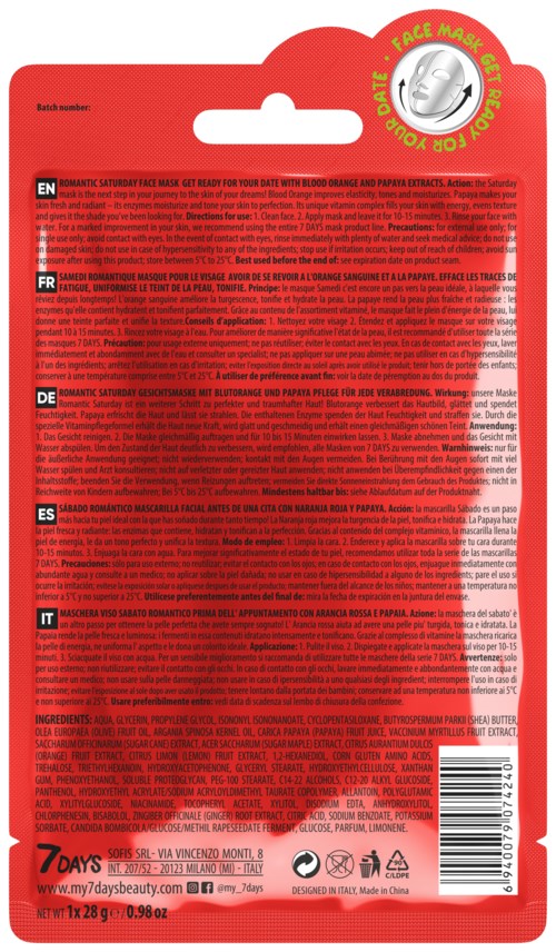 Rød emballasje med en sirkel-logo øverst og advarseltekst; inneholder sannsynligvis et italiensk produkt, sannsynligvis en ansiktsmaske eller lignende.
