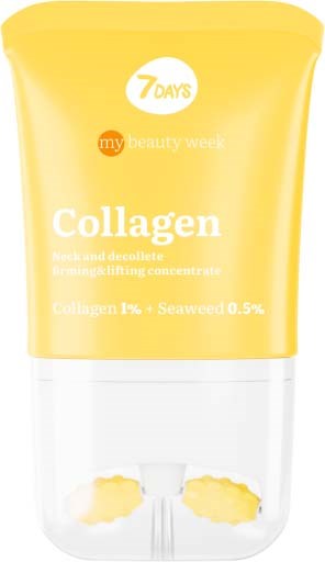 Gul tub med collagen- och sjögräsmask, med pump längst ner, märkt för skönhetsbruk.