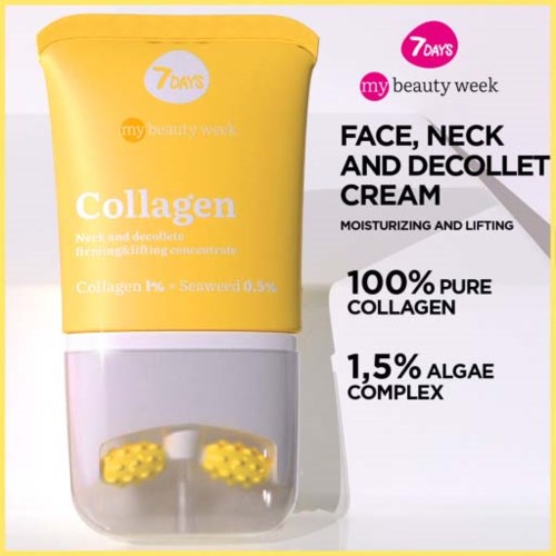 En gul tub med kollagenkräm för ansikte, nacke och dekolletage med vit lock och produktuppgifter på sidan.