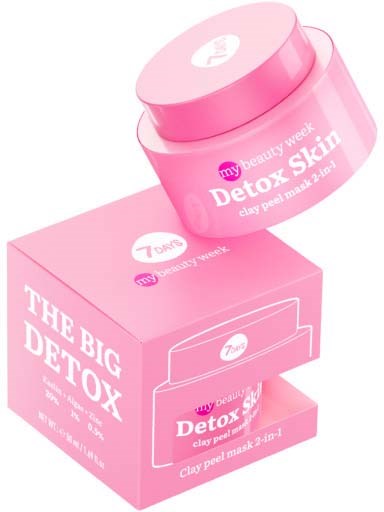 Pink jar and box for Detox Skin clay peel mask, part of beauty product package for skin care.