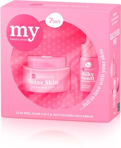 Pink skincare set including a clay mask and face serum from my beauty week brand.