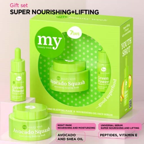 Grünes Hautpflege-Set mit Flasche, Dose und Box für nährende Avocado und Öl.
