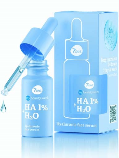 Eine blaue Hautpflegeflasche mit 'Hyaluronic face serum' Beschriftung und Pipette, neben einer passenden Verpackung.