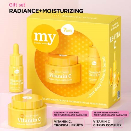 Yellow skincare gift set with Vitamin C serum, cream, and toner, promoting radiance and moisture.