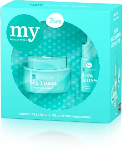 A skincare set includes a sea foam cleanser and a face serum in a teal box, labeled for 7 days use.