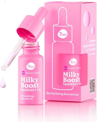 Pink bottle of face serum with dropper, box showing the same product, bright and clean design.