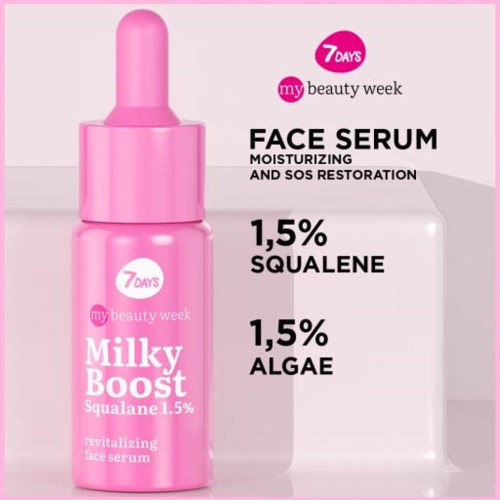 Pink bottle of face serum with 1.5% Squalene and algae for moisturizing and skin repair.
