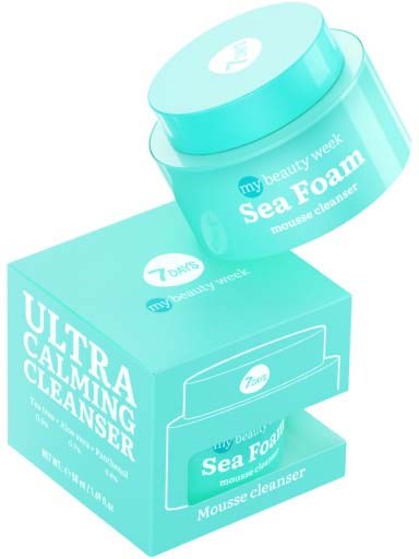 A blue container of sea foam mousse cleaner and a matching box with product name; simple and clean packaging design.