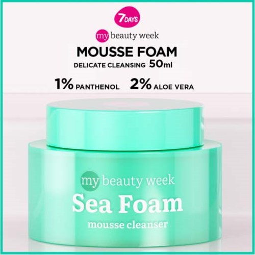 A green jar labeled 'Sea Foam' mousse cleanser with ingredients like panthenol and aloe vera.