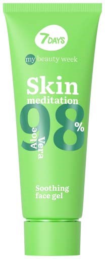A green tube of face gel labeled "Skin Meditation" for soothing, with 98% aloe vera, part of a 7-day beauty week.