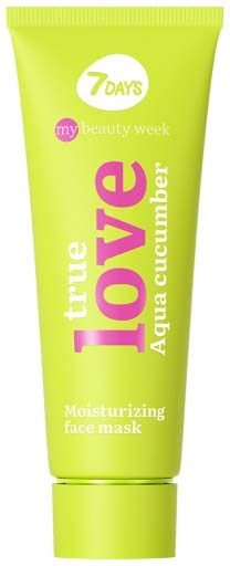 A bright green tube labeled 'True Love Aqua Cucumber' face mask, indicating it is moisturizing for the skin.