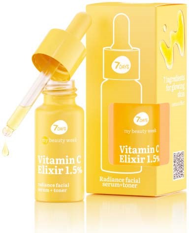 A bright yellow box and bottle of Vitamin C serum, with a dropper and label indicating 1.5% concentration.