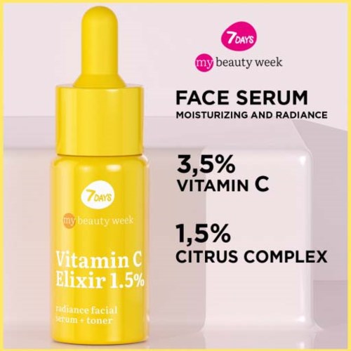 A yellow bottle of face serum with a dropper, labeled as Vitamin C Elixir with 1.5% concentration, for skin radiance.