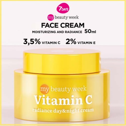 A yellow jar of face cream labeled "Vitamin C" with details about vitamins and brand name.